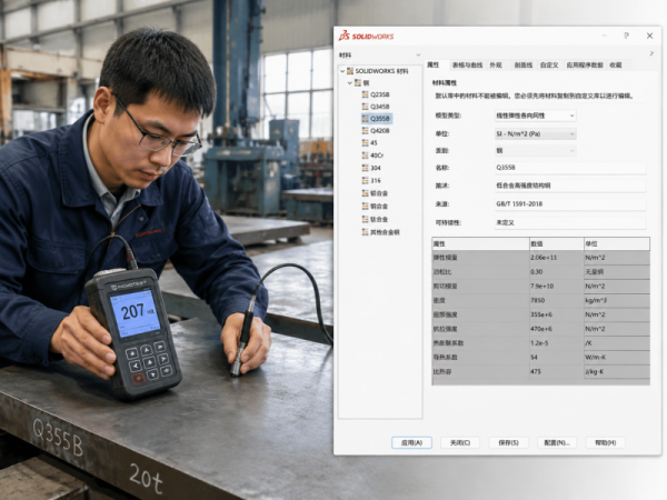 工程师在车间测试钢板并设置SOLIDWORKS材料参数