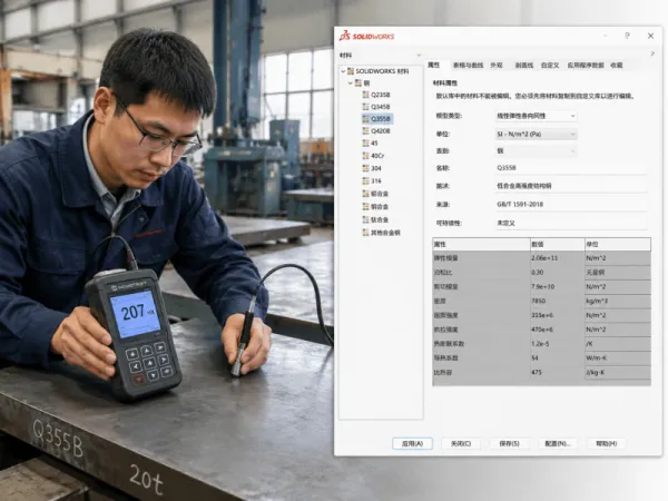 工程师在车间测试钢板并设置SOLIDWORKS材料参数