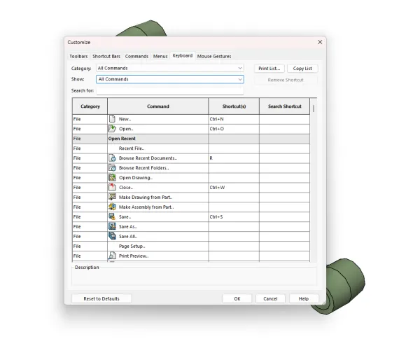 SOLIDWORKS 键盘快捷键映射界面