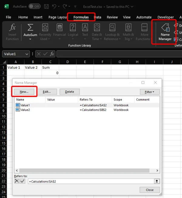在 Excel 中使用名称管理器定义命名区域
