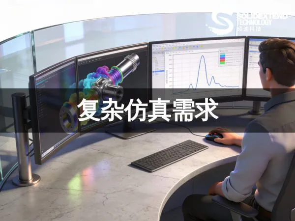 资深仿真工程师在多屏工作站前对比 Abaqus 非线性应力分析云图与实验数据