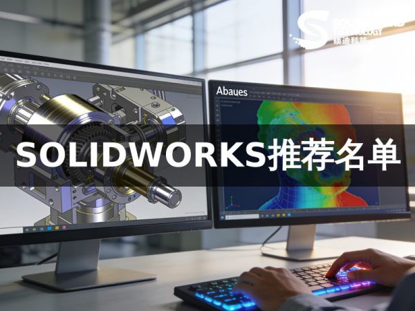 工程师在工作站前利用 SOLIDWORKS 进行复杂装配体设计与 Abaqus 仿真分析的专业场景