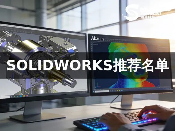 工程师在工作站前利用 SOLIDWORKS 进行复杂装配体设计与 Abaqus 仿真分析的专业场景