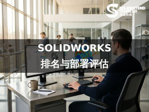 工程师在高端工作站前使用SOLIDWORKS进行复杂的流体仿真分析，屏幕显示精确的应力云图